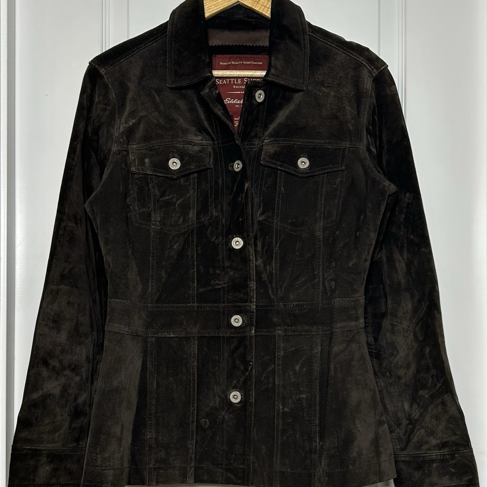 Eddie Bauer Genuine Seattle Suede Leather Brown Button Front Collared Jacket